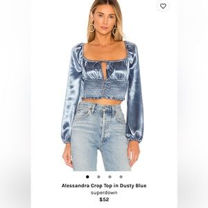 Blue super down crop top with hook closures and tie satin like feel